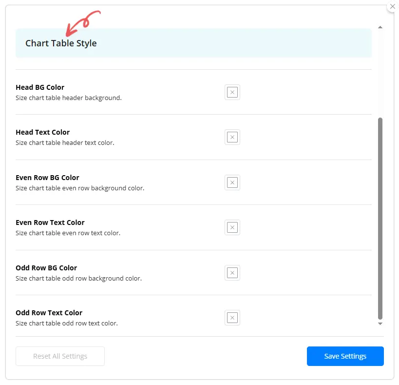 Table Style Image - Size Chart