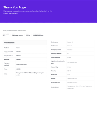 WooCommerce thank you page with bold header and detailed customer order info.