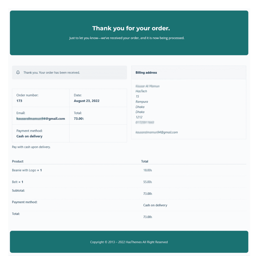 Green WooCommerce order confirmation page with billing and product details.