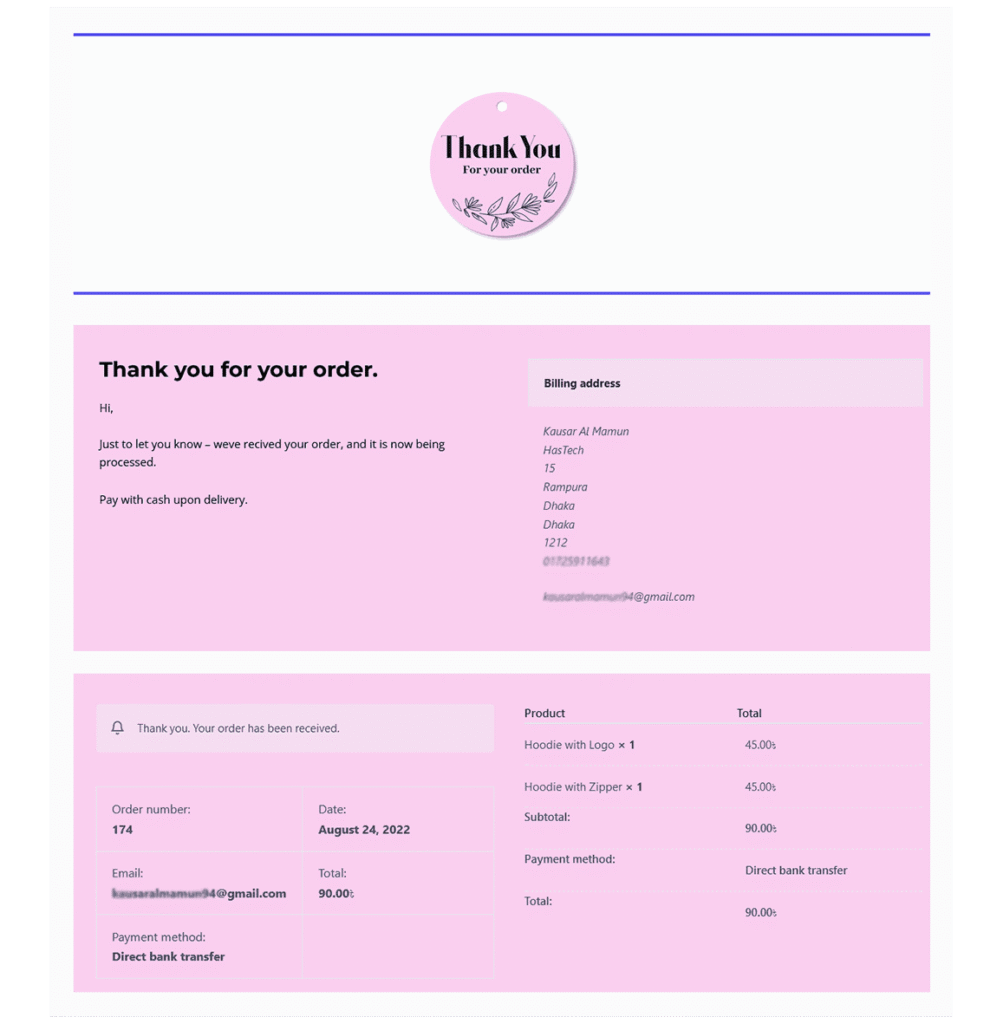 Pink thank you page for WooCommerce showing order and customer info.