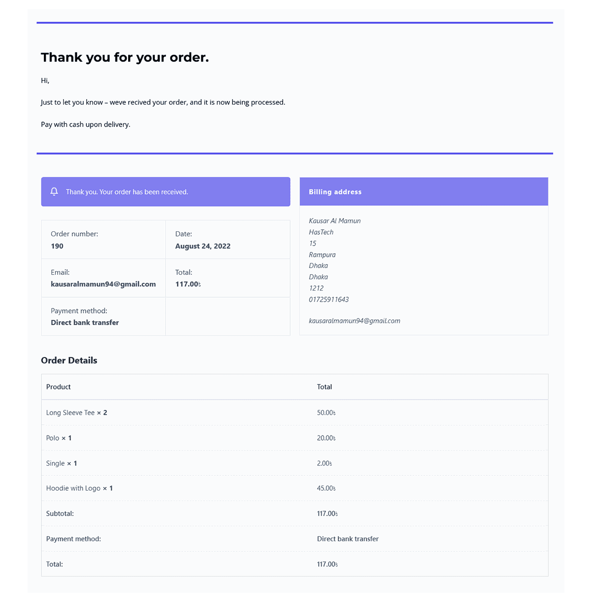 Thank you page with a light layout and purple accents, showing order confirmation, billing address, and itemized order details in a structured table.