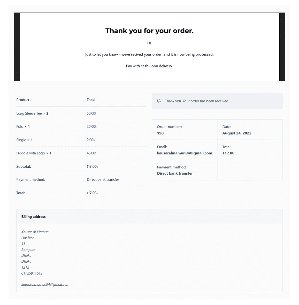 Clean black and white thank you page with a bold header, featuring detailed order and payment summary alongside the billing address.