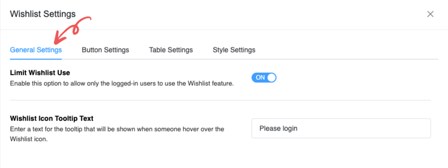 ShopLentor wishlist configuration interface showing general settings with options to limit wishlist use to logged-in users and customize tooltip text