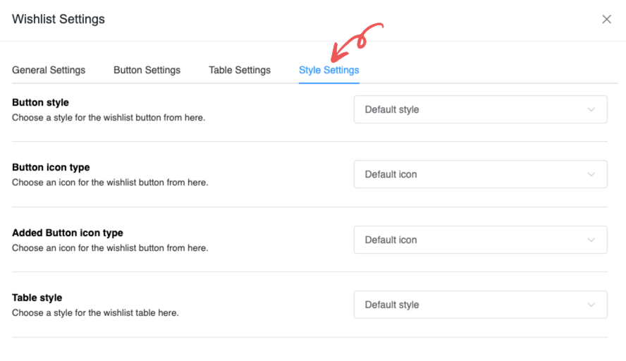 Wishlist style settings interface showing options to customize button style, icon type, and table layout.