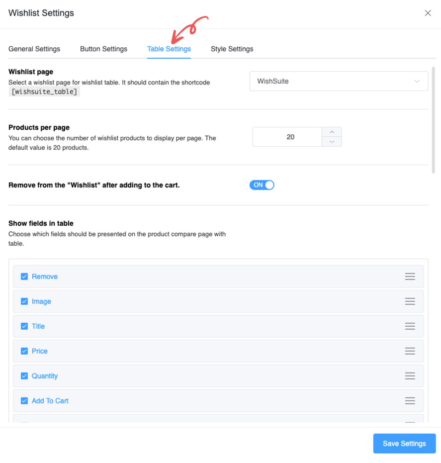 Wishlist table settings with options to configure display and fields.