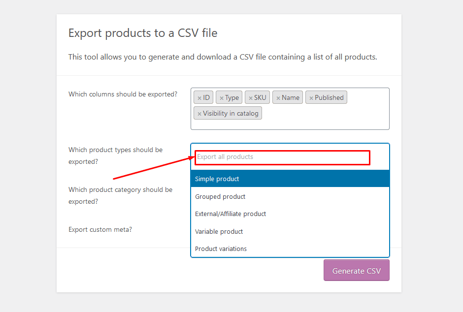Choose the Product Type