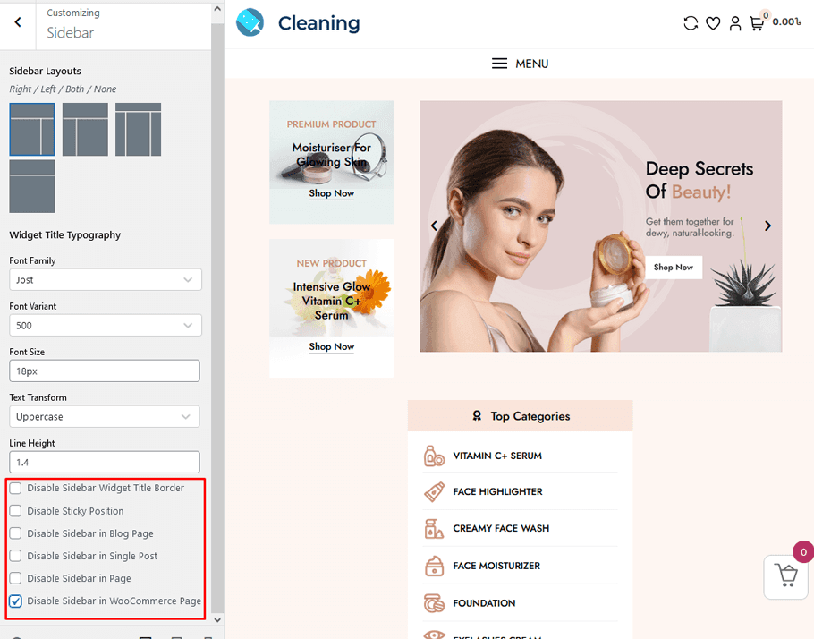 Hide Sidebars on WooCommerce