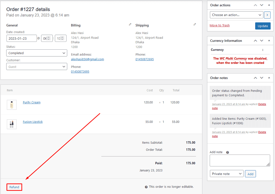 Click the "Refund" Button