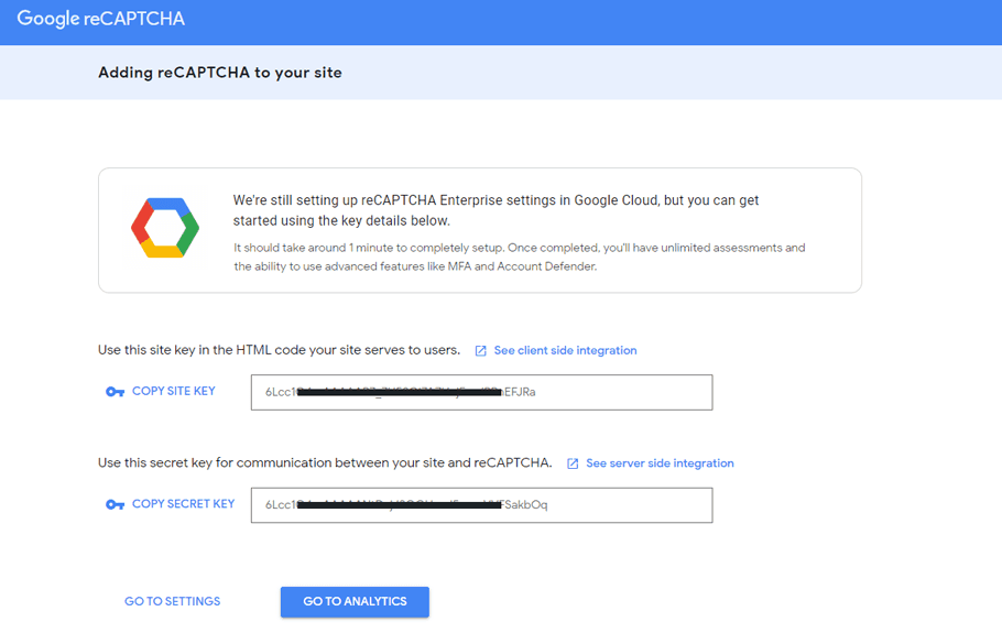 Copy the Site and Secret Key