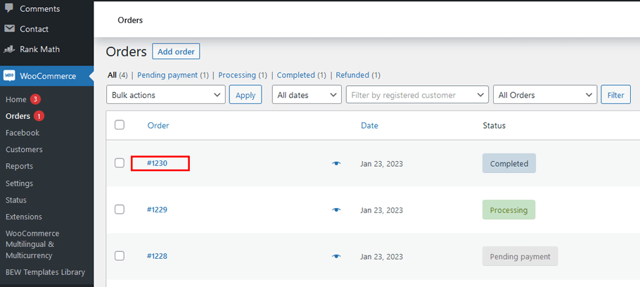 Click on the Oreder Number