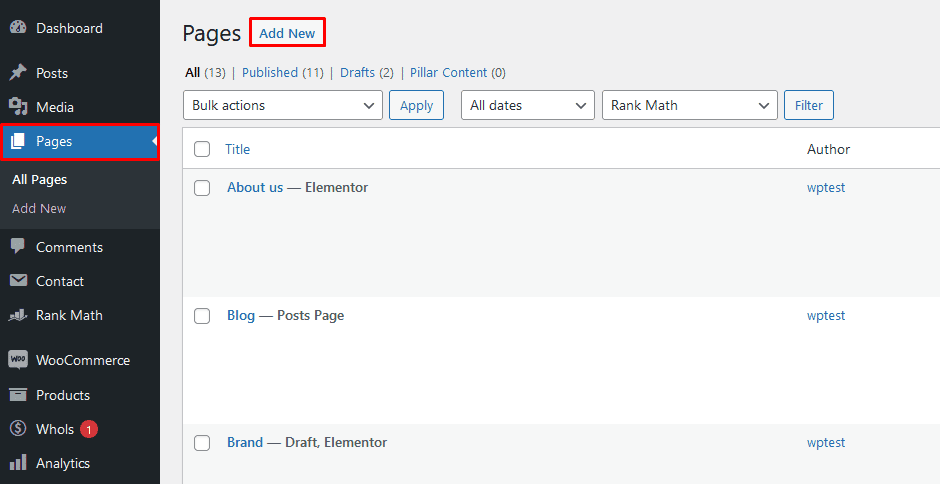 go to Pages > Add New