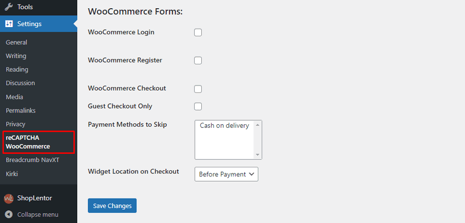 Click on reCAPTCHA WooCommerce.