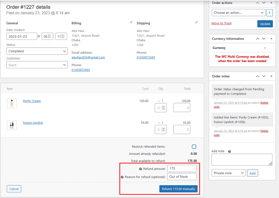 Put the Refund Amount and Reason