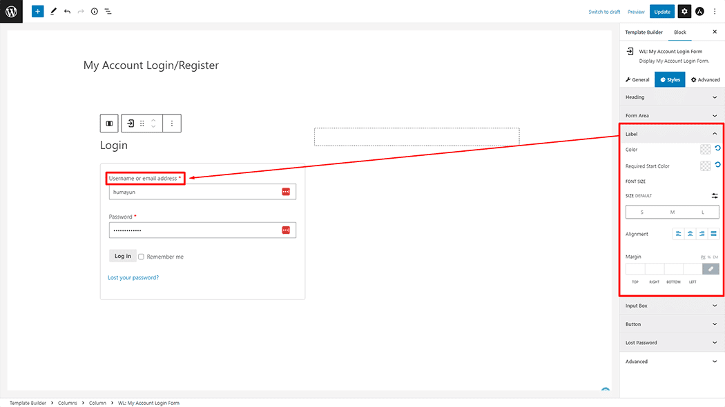 My Account Login Form Block