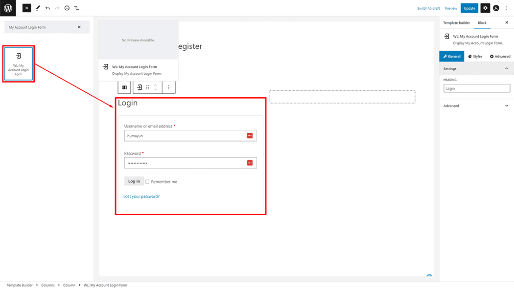 My Account Login Form Block
