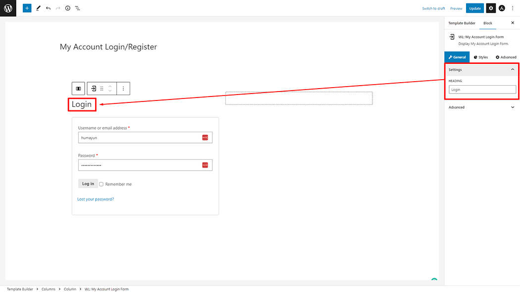 My Account Login Form Block
