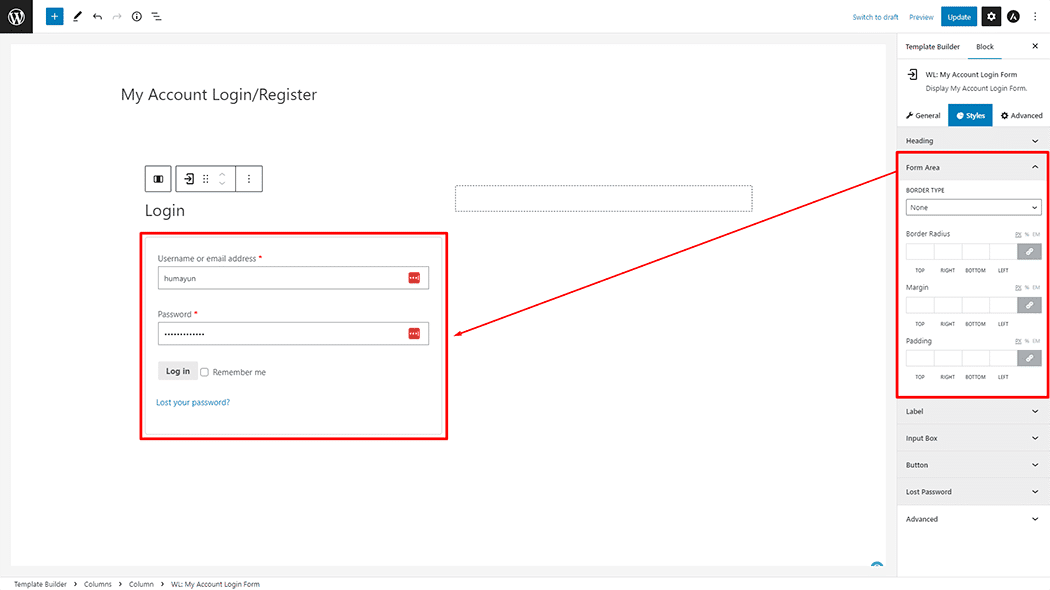 My Account Login Form Block