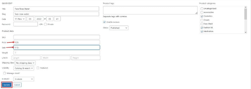 Quick Edit way to change the price of a Single Product