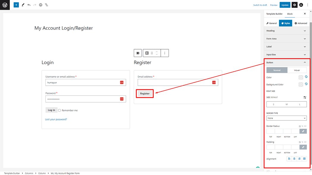 My Account Register Form Block 