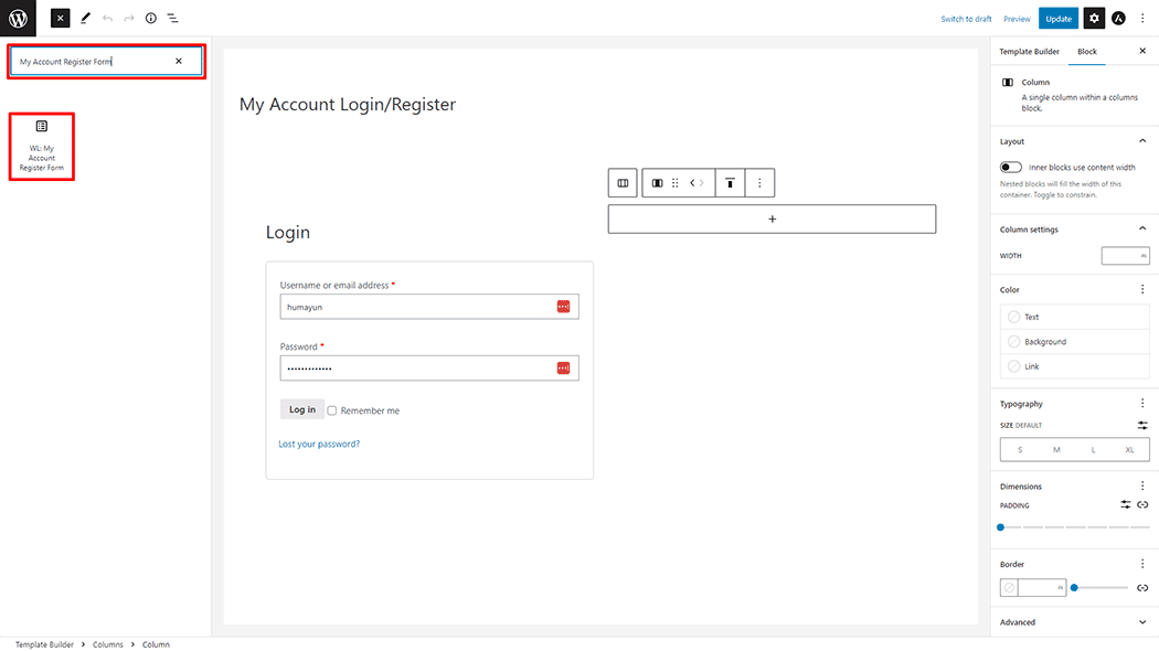 My Account Register Form Block 