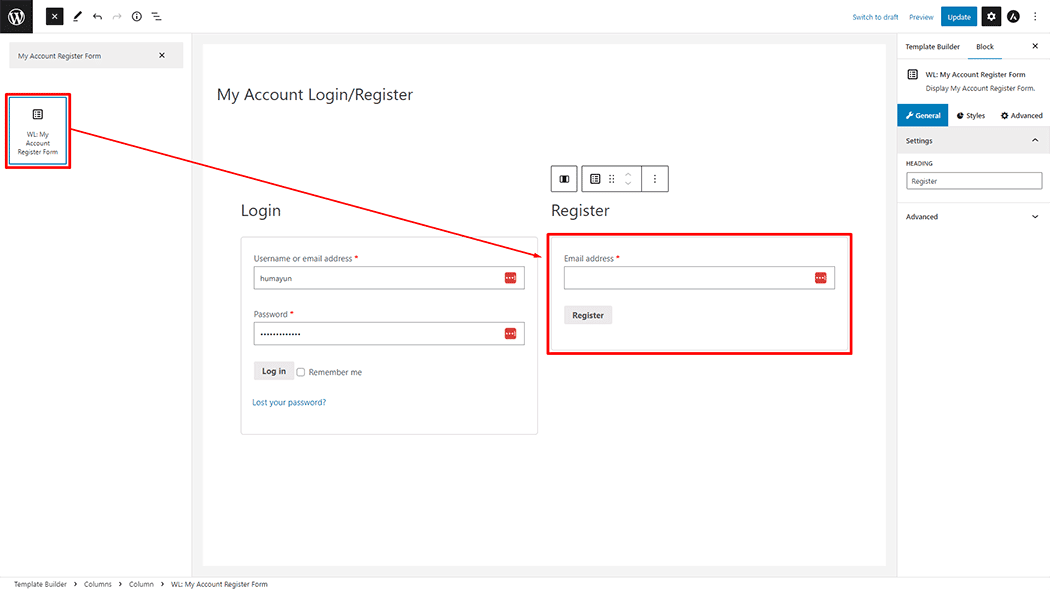 My Account Register Form Block 