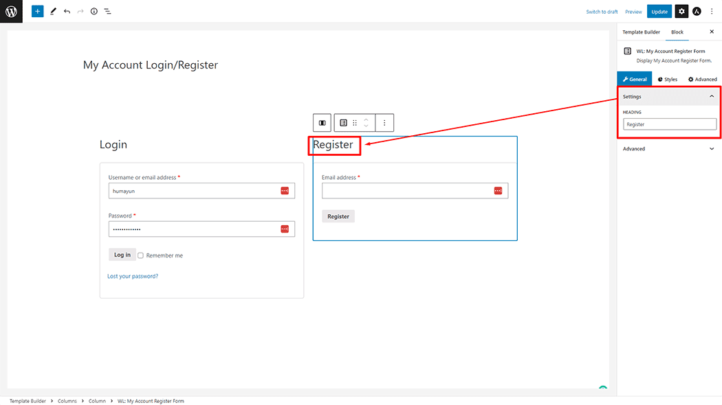 My Account Register Form Block 