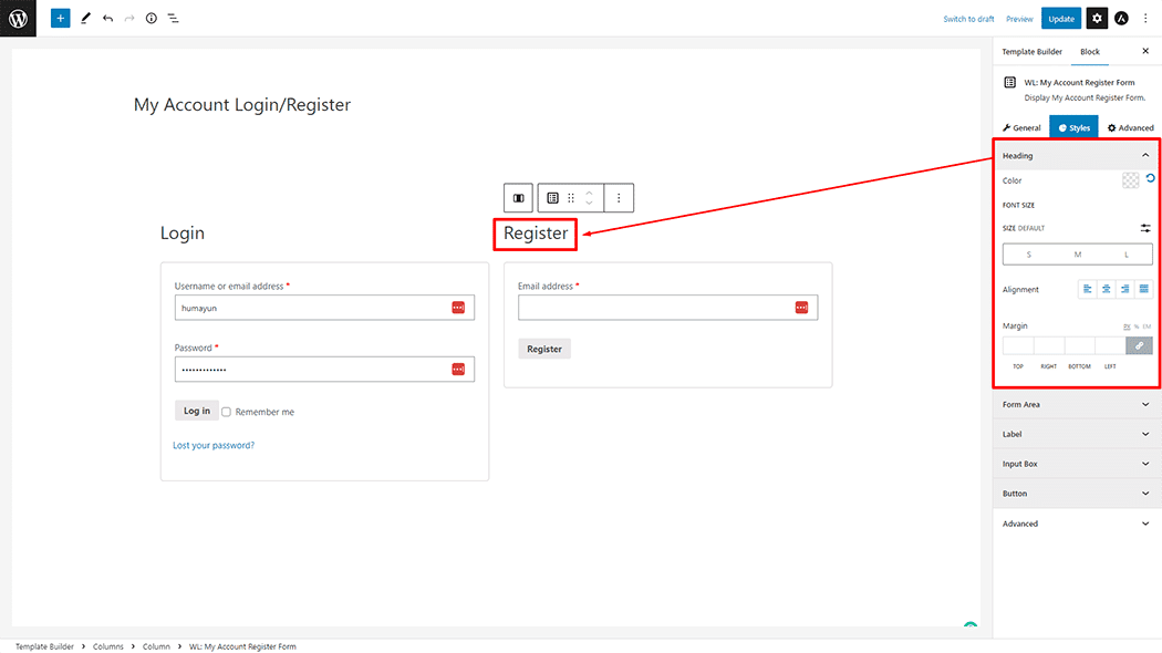 My Account Register Form Block 
