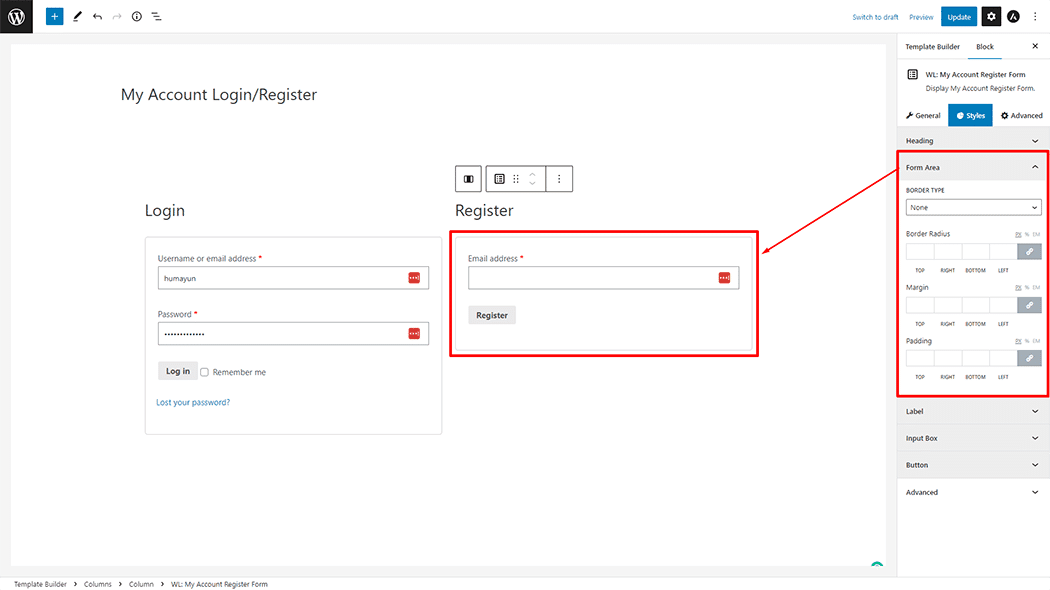 My Account Register Form Block 