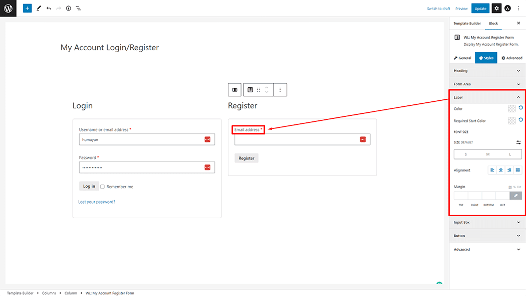 My Account Register Form Block 