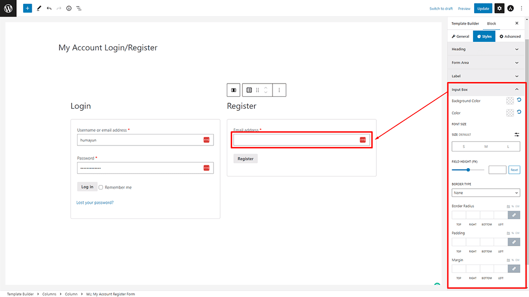 My Account Register Form Block 