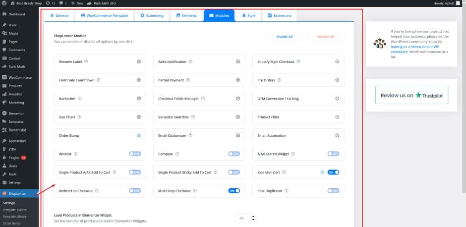 ShopLentor Modules Interface