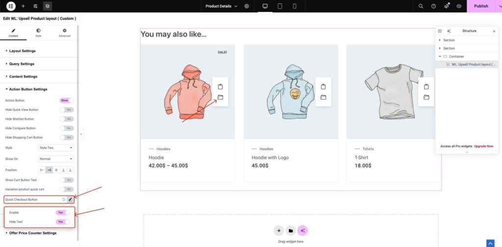 Upsell product layout quick checkout