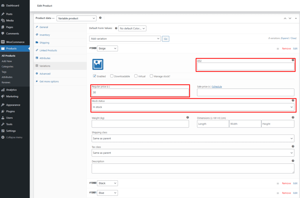 Set Price, SKU,  Stock, And any other Attributes