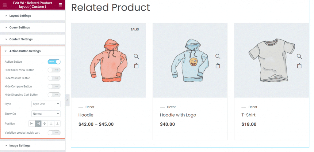 Woolentor related product layout action button settings