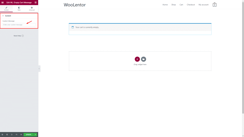 WooLentor Empty Cart Message Widget Setting