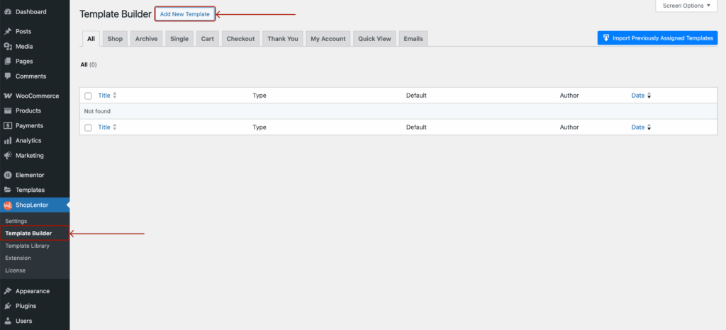 Add New Template button inside ShopLentor Template Builder interface