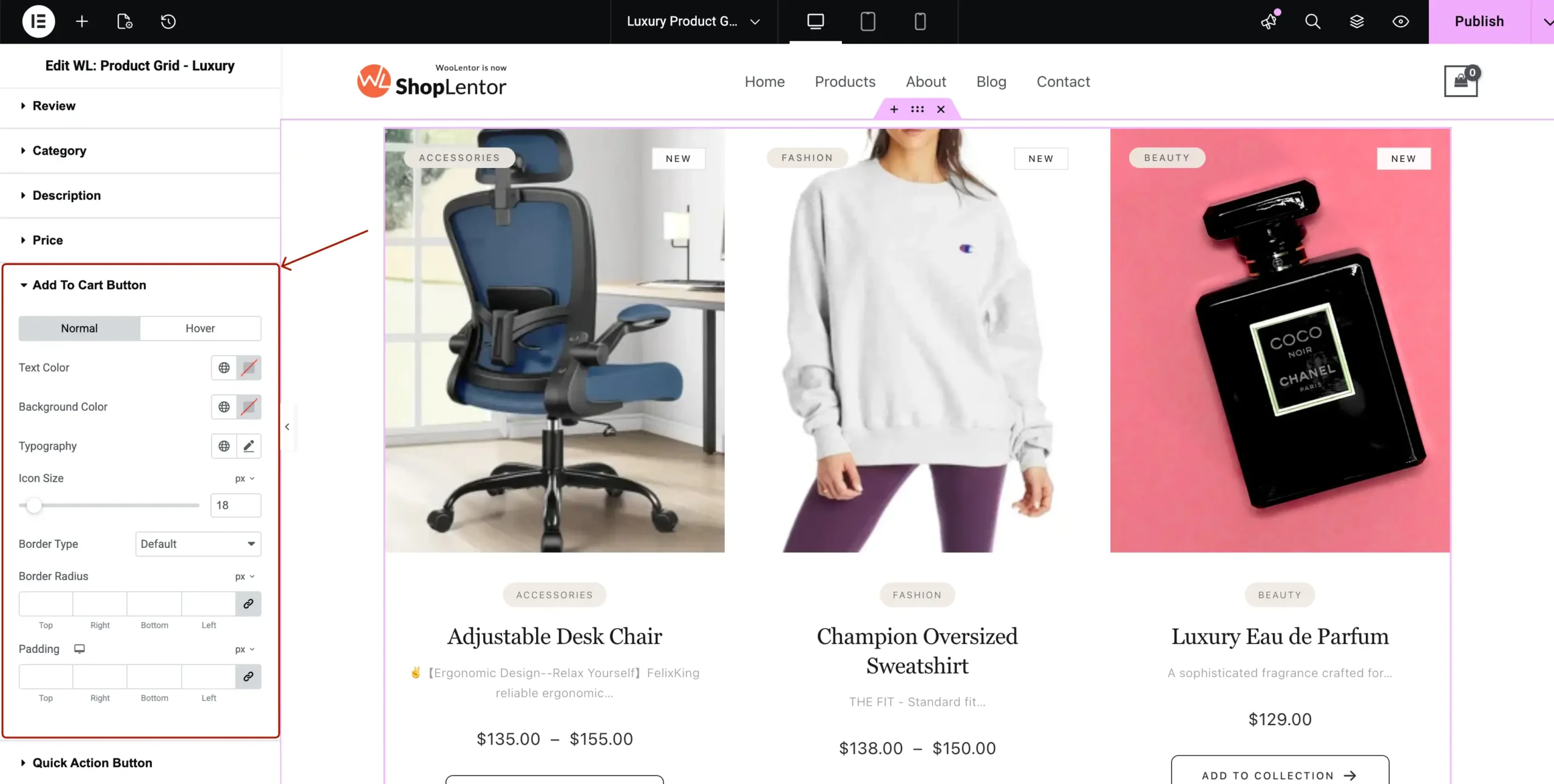 Styling controls for Add to Cart button including colors and typography