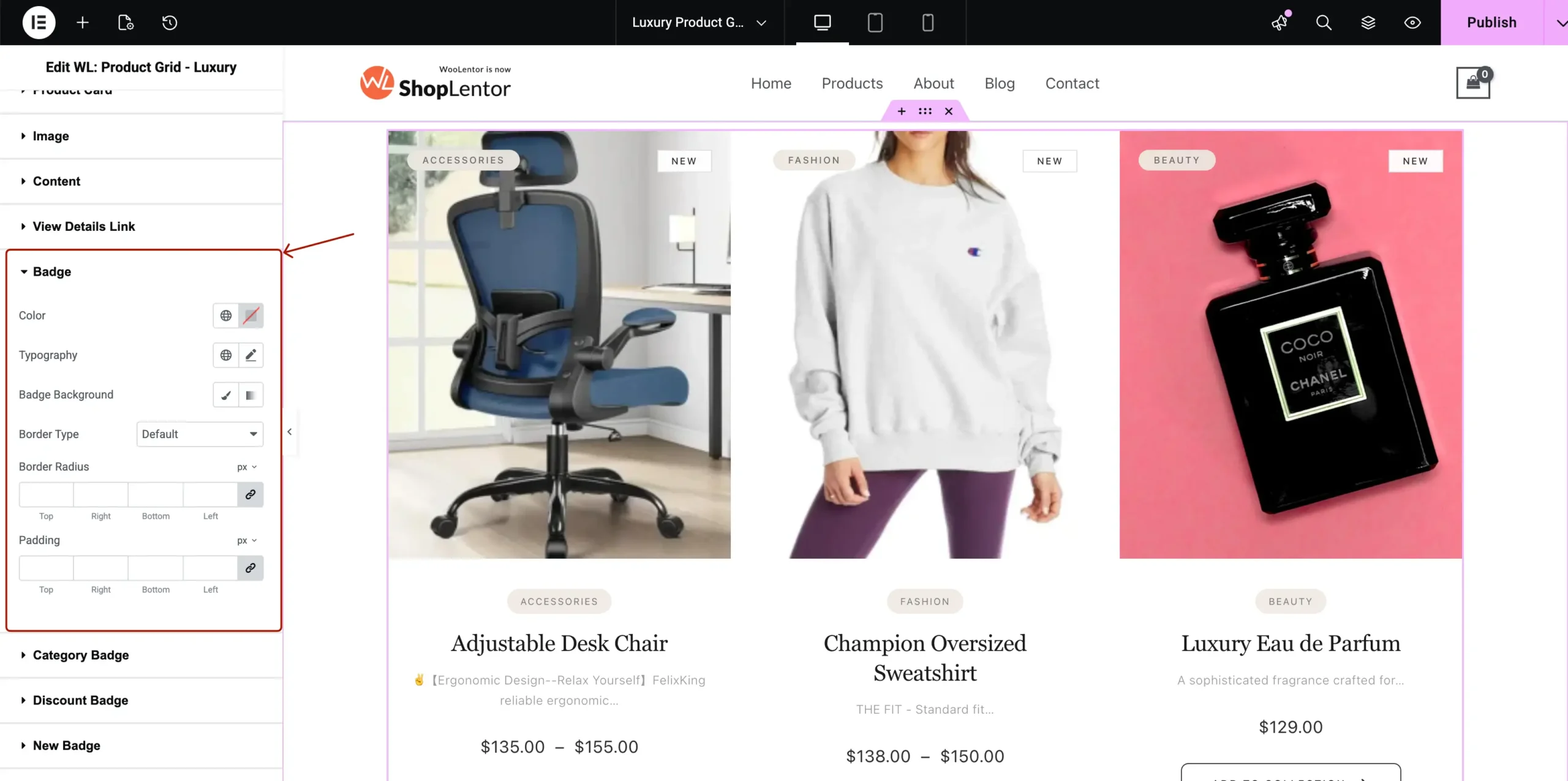 Badge style customization panel