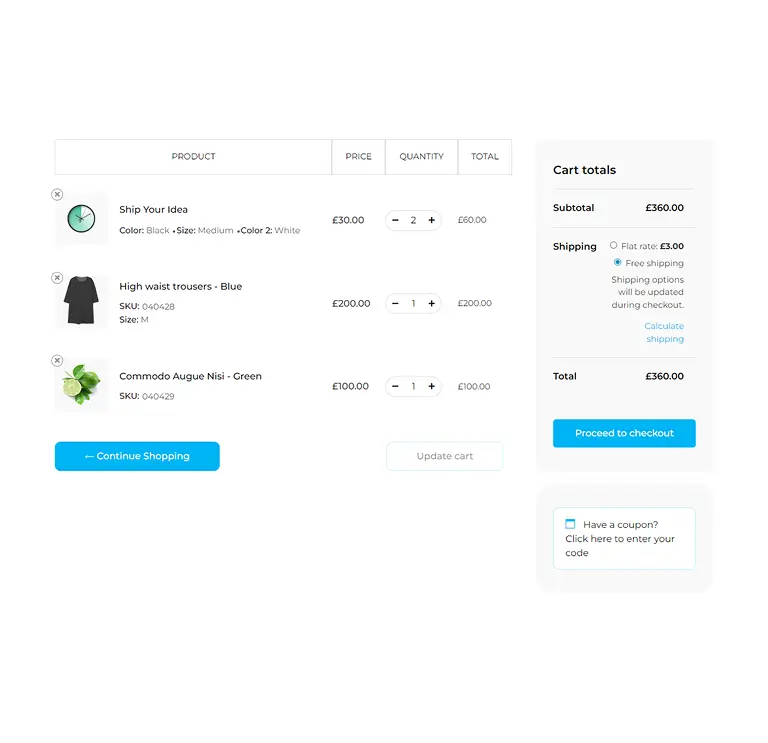 Cart layout with green accents, showcasing vertical product blocks and a compact summary box on the right.