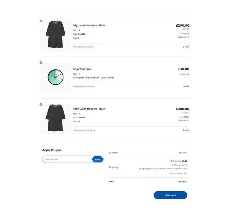 Cart Page with List Style One Layout