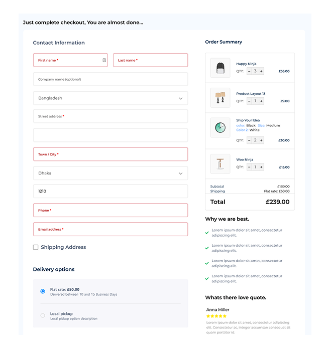 Checkout Page with Benefit & Testimonial Layout
