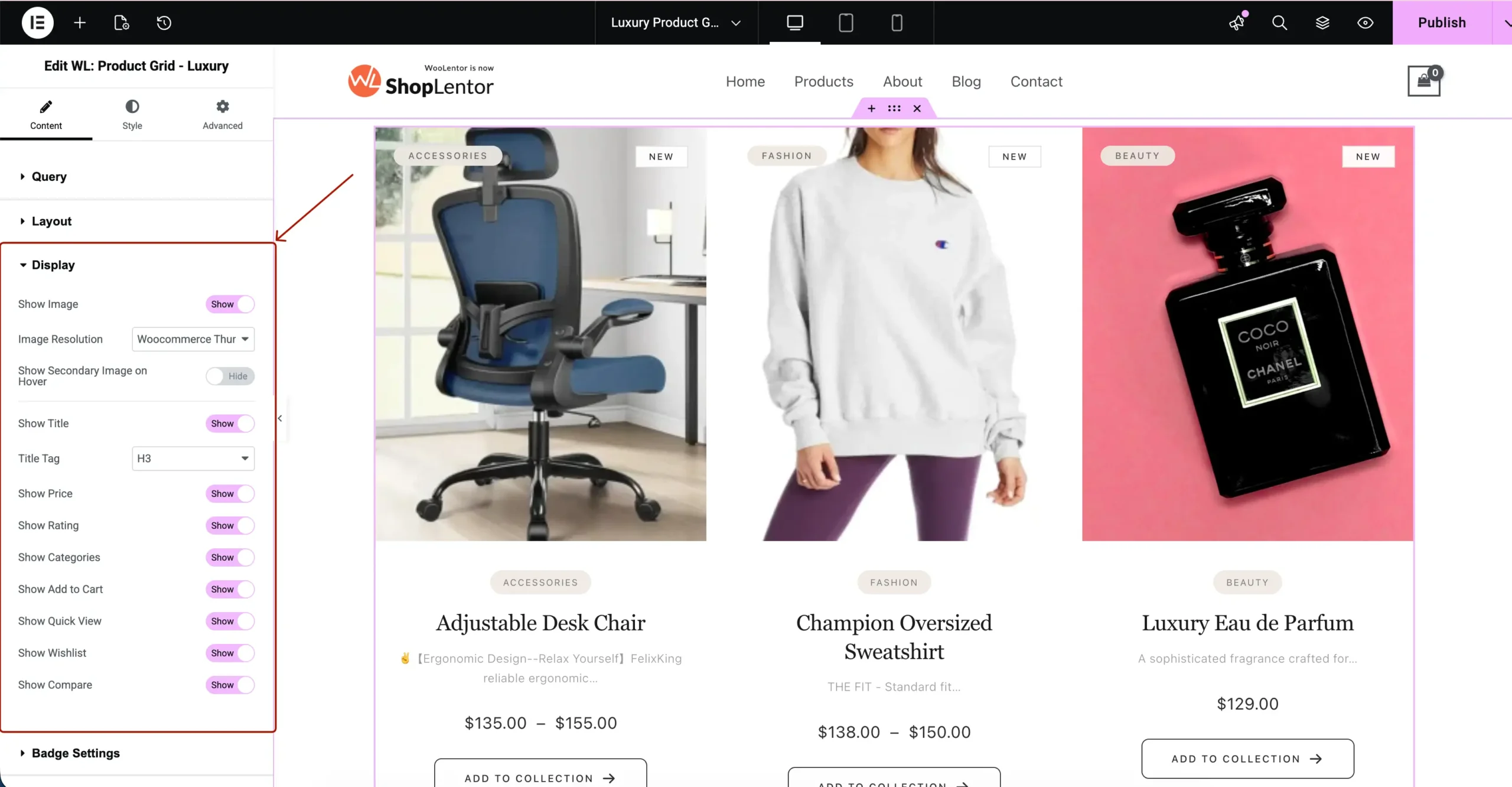 Display settings for Elementor WooCommerce Luxury Product Grid