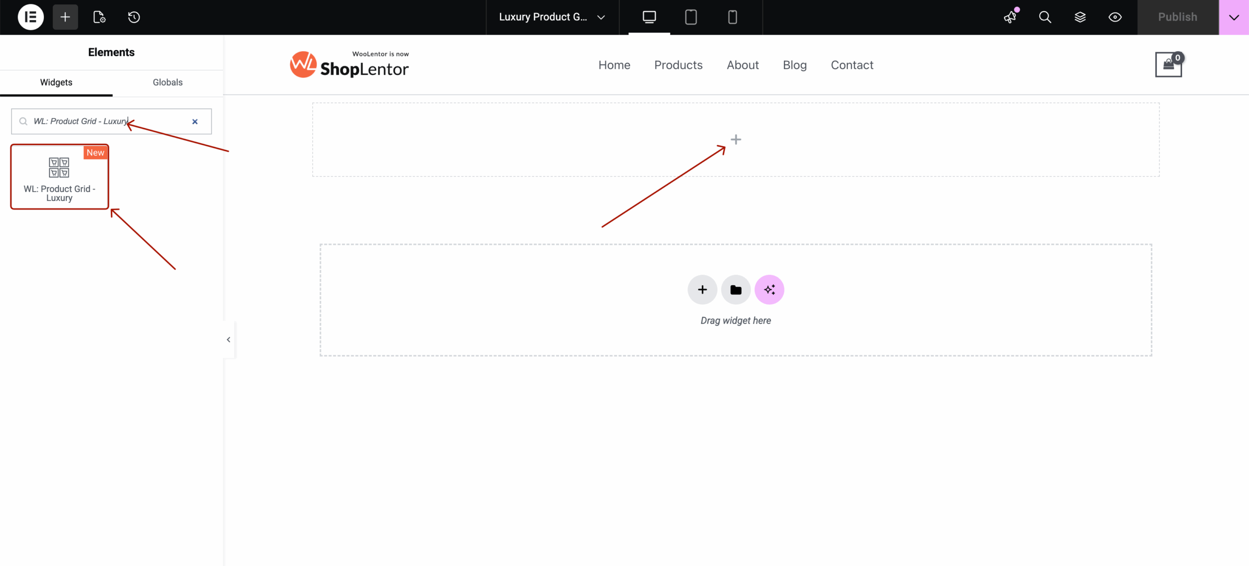 Elementor editor showing WL: Product Grid â€“ Luxury widget placed on canvas