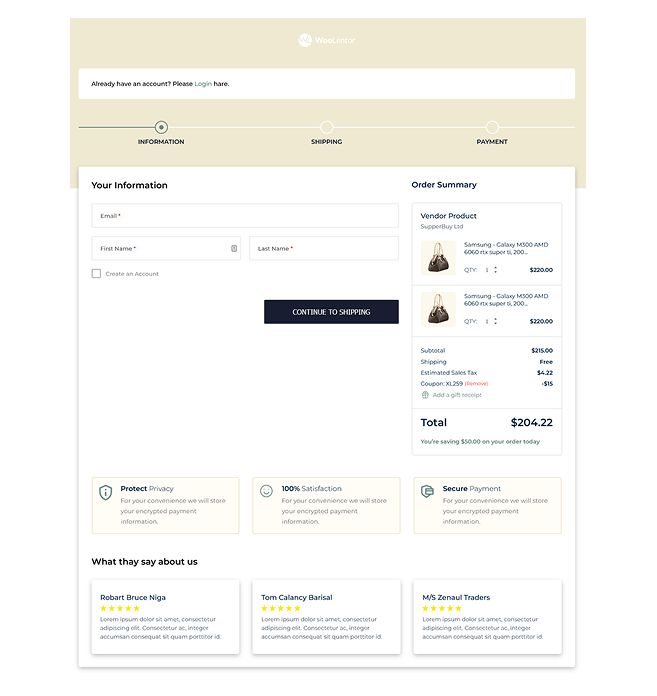 Multi Step Checkout with Trust & Testimonial Layout