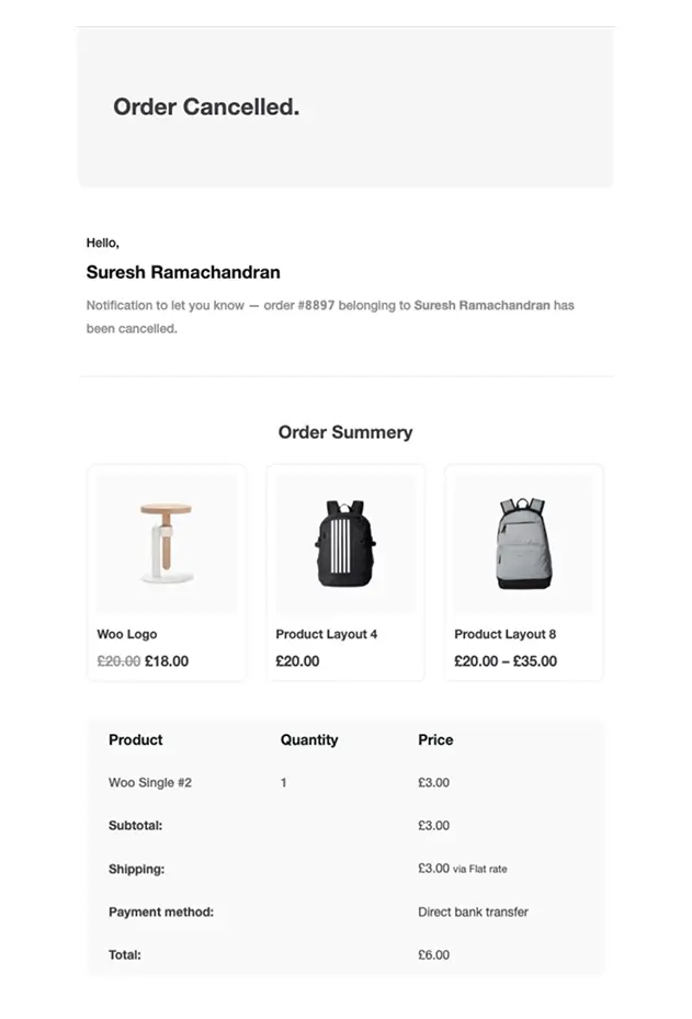 Order Cancelled – Classic Summary Layout