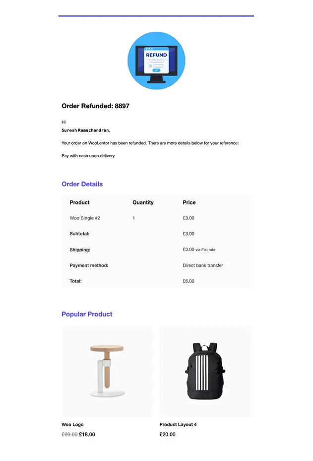 Refunded Order – Modern Blue Layout