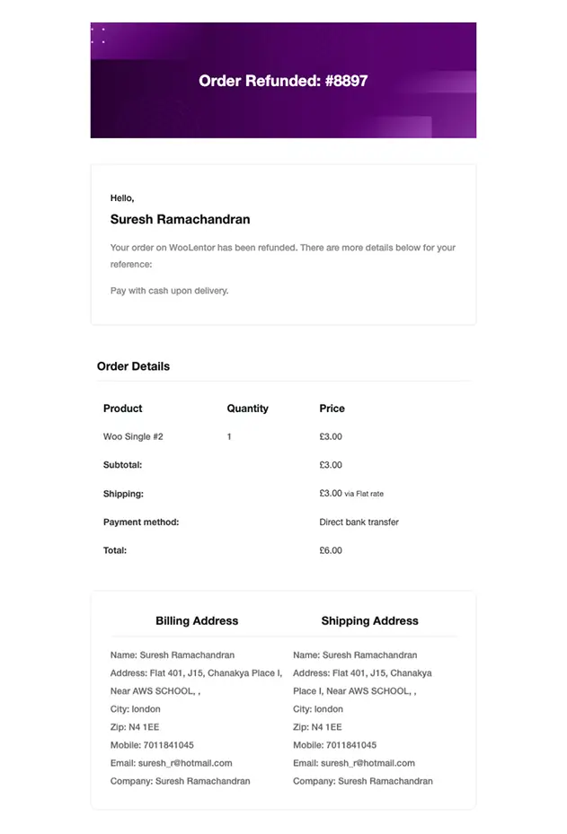 Refunded Order – Modern Purple Layout