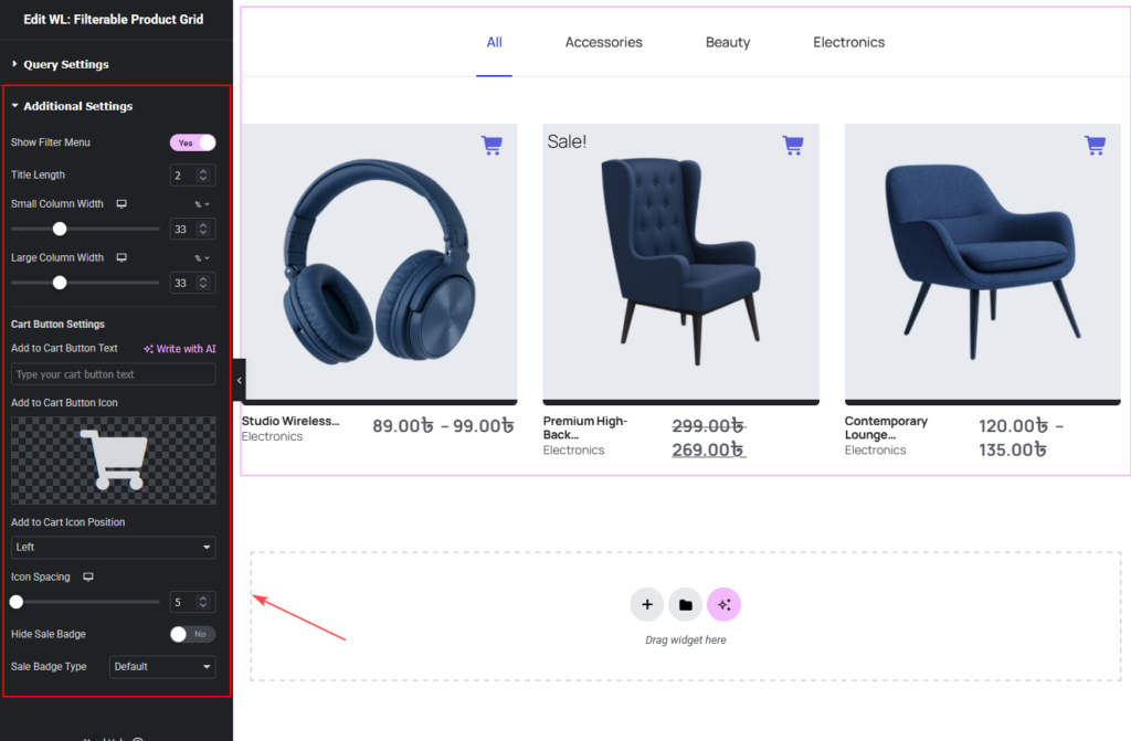 Filterable Product Grid Widget