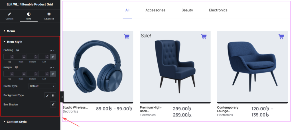 Filterable Product Grid Widget