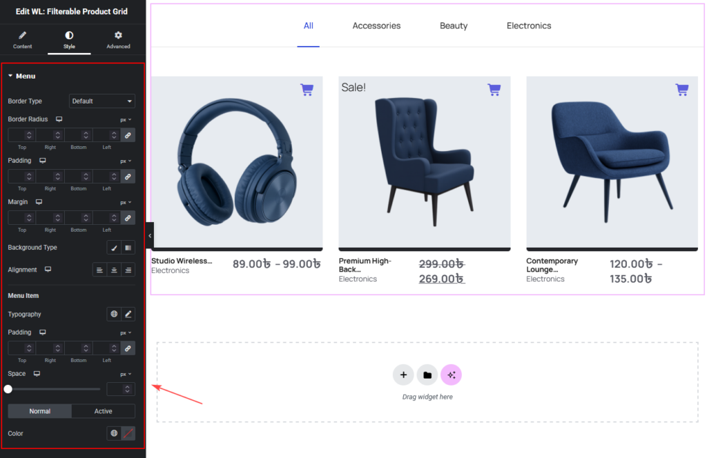 Filterable Product Grid Widget